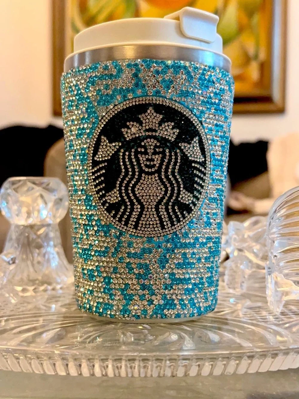 BeautTurquoise& Silver Rhinestone Bling Blue White TemperatureCheck Tumbler